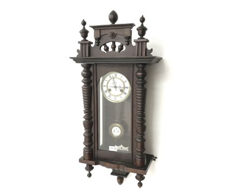 Late 19th century beech Vienna style wall clock, circular enamel Roman dial and chapter ring, twin train movement striking on