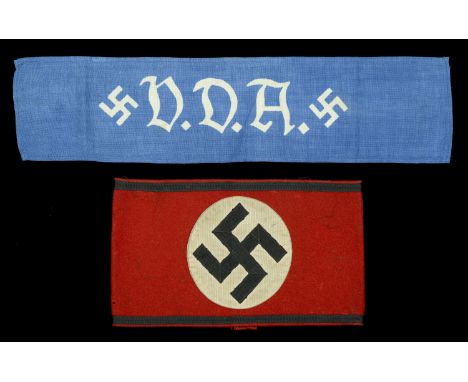 German Second World War Armbands. A nice worn condition Allgemeine SS armband, some discoloration to the white circlet, two m