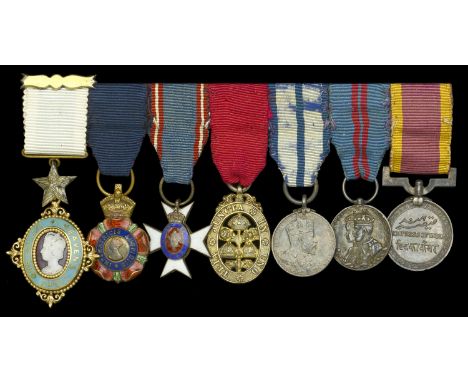 An unattributed group of seven miniature dress medals  The Most Exalted Order of the Star of India, gold and enamel, with cen