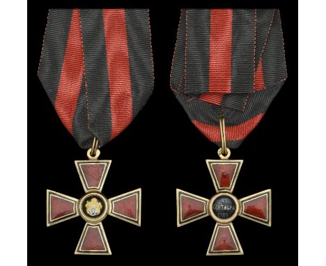 Russia, Empire, Order of St. Vladimir, Fourth Class breast badge by Albert Keibel, 34mm x 34mm, gold and enamel, with double-