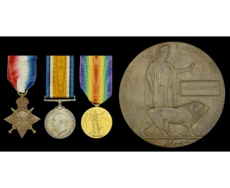 Three: Private W. Barrett, Hampshire Regiment, who was killed in action at Gallipoli on 28 April 1915  1914-15 Star (14716  P