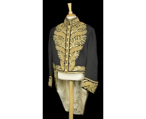 A Court Dress Uniform. Comprising a First Class Court Dress coatee in black cloth lavishly decorated with gold wire and sequi