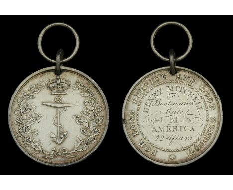 Royal Navy L.S. & G.C., Anchor obverse (Henry Mitchell, Boatswains Mate H.M.S. America 22 Years) pierced with small ring and 
