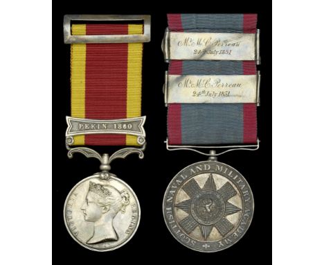 China 1857-60, 1 clasp, Pekin 1860 (Lieut. M. C. Perreau. 7th. Regt. Bengal N.I.) fitted with contemporary top silver riband 