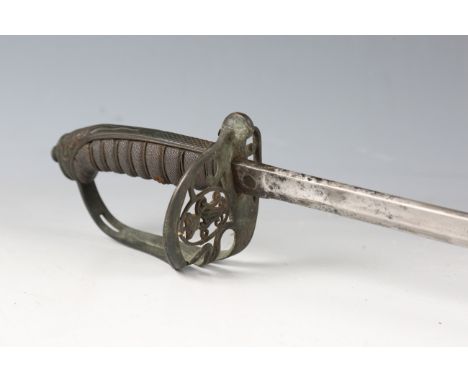 An 1845 pattern infantry officer's sword with single-edged fullered blade, blade length 82cm, engraved with 'VR' cypher, and 