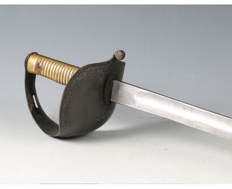 An early 20th century Brazilian cavalry trooper's sword with single-edged fullered blade with clipped point, blade length 82.