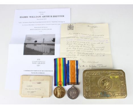 A 1914-18 British War Medal and a 1914-19 Victory Medal to 'G-69138 Pte.H.W.A.Britten. The Queen's R.' with forwarding slip, 