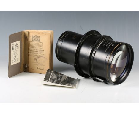 A mid-20th century RAF aircraft camera lens, probably from a Lancaster bomber, together with an original photograph of Allenb