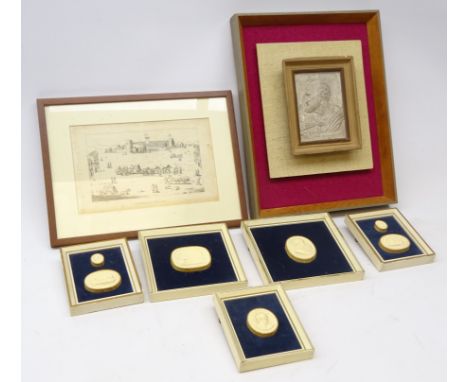 Seven Italian 'Grand Tour' plaster cameos mounted on velvet covered board in square &amp; rectangular frames, The Ritchie Hen