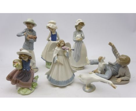 Three Lladro figures: 'Angelic Violinist' no. 6126, Girl with Flowers no. 522 and Goose &amp; four Nao figures (7)