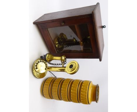 Brass Candlestick Telephone, 1960's West German cylindrical vase and a wooden medicine cabinet, H42cm x D19cm (3) Condition R