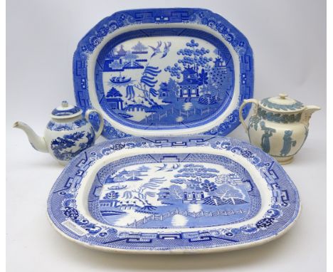 Victorian Spode Pearl ware meat plate printed in the Willow pattern, another Victorian Willow pattern meat plate, a late 18th