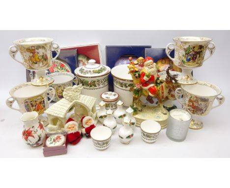 Spode Christmas Rose ceramics including cache pot, biscuit jar &amp; cover, two votive holders, marmalade pot, mostly boxed, 