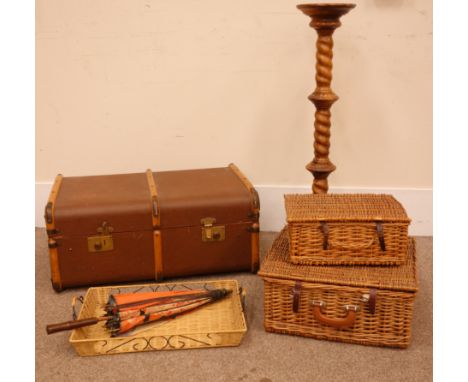 Vintage picnic hamper, another wicker hamper, 20th century oak barley twist plant stand, H101cm, vintage travel trunk etc  Co