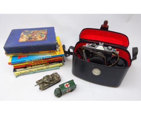 Praktica LTL 35mm camera outfit in carry case with booklets, two unboxed Corgi/Dinky die-cast military vehicles and quantity 