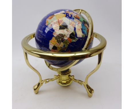 Gemstone inlaid terrestrial globe on polished brass stand, H37cm approx Condition Report Click here for further images, condi