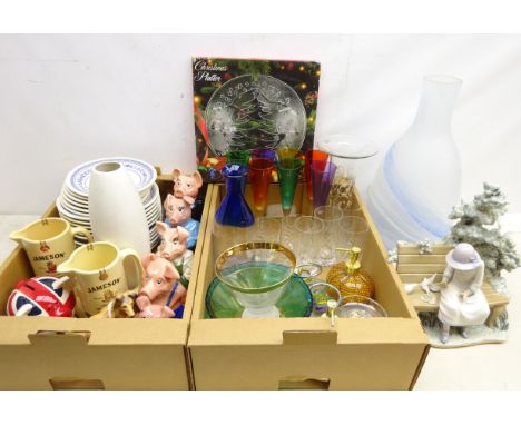 Large Nao figure of a girl feeding doves on park bench, four Natwest Pigs, set of six harlequin glass champagne flutes, Royal