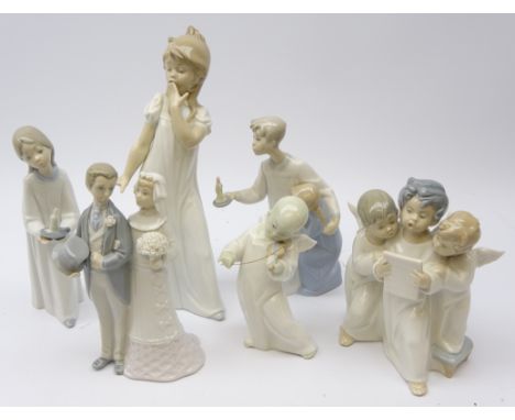 Five Lladro figures comprising Angel Playing the Violin, Bride &amp; Groom, Three Angels Singing and two others and a Nao fig