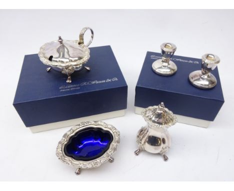 Ex-retail: three piece silver-plated condiment set, gadroon borders on four lion paw feet and pair of silver-plated dwarf can