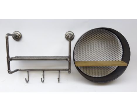 Industrial style metal tubular wall rack with coat hooks, W44cm and industrial style circular shelf, D40cm