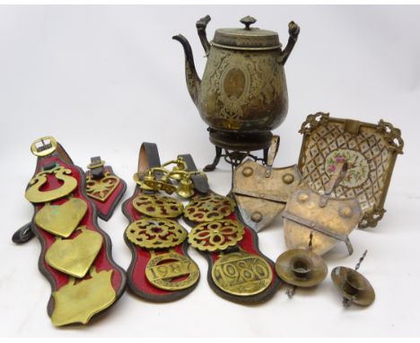 Three sets of horse brasses mounted on leather straps &amp; one single, two dated 1986 &amp; 87 and brass terret, pair Arts &