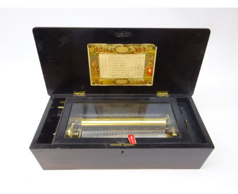 19th century Swiss marquetry and mahogany cylinder music box, playing eight airs, lever wind, L53cm x D24cm  Condition Report