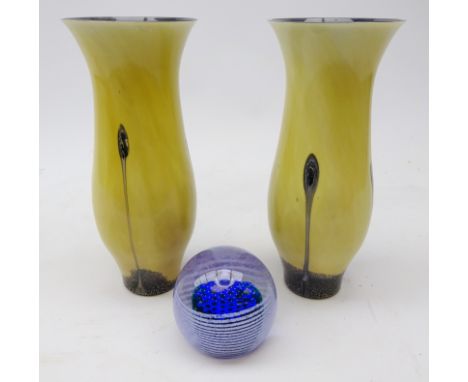 Pair Caithness Ebony range vases, H22cm and Caithness Suspense paperweight (3)