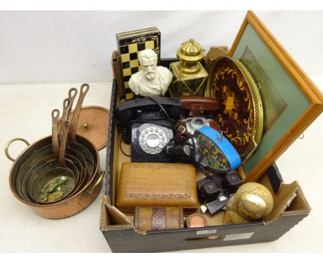 Graduated set of copper sauce pans and casserole pan &amp; cover, 1988 Leadworks Miss America clock, brass lantern, chess set