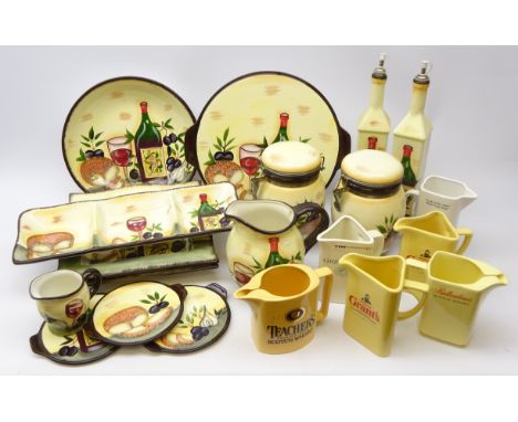Scotch Whisky jugs incl. Grants, Teacher's, Greenalls and others and Mediterranean style hand painted kitchen wares 