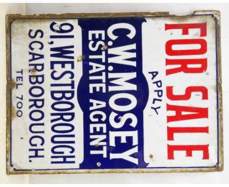 Early 20th century C.W. Mosey, Scarborough double sided Estate Agents enamel sign, 45cm x 61cm