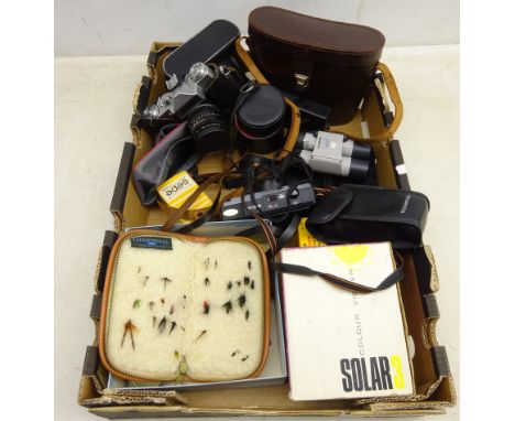 Zenit-E SLR camera, other cameras &amp; lenses, pair Orion 8x40 binoculars in cowhide case, fishing flies and miscellanea in 