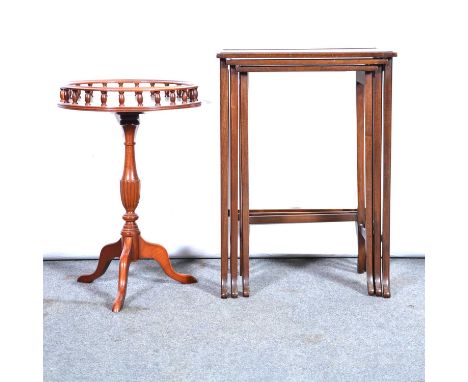 Reproduction mahogany nest of tables, tripod wine table with a galleried top, drop-leaf coffee table, designed as a sofa tabl