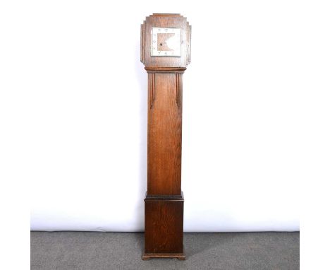 An oak cased twin train grandmother style clock, Art Deco style square dial with Arabic numeral chapter ring, height 160cmCon