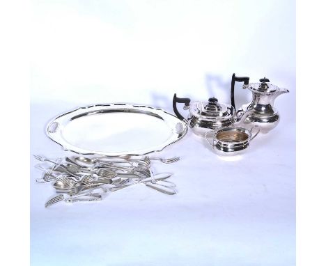 A large silver plated tray, 53cm,  a four-piece tea set, and small quantity of flatware.