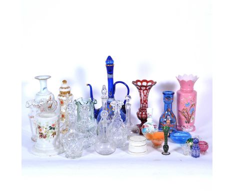 Large quantity of Victorian and later decorative glassware, including painted opaque glass vase, a Mary Gregory style vase, t