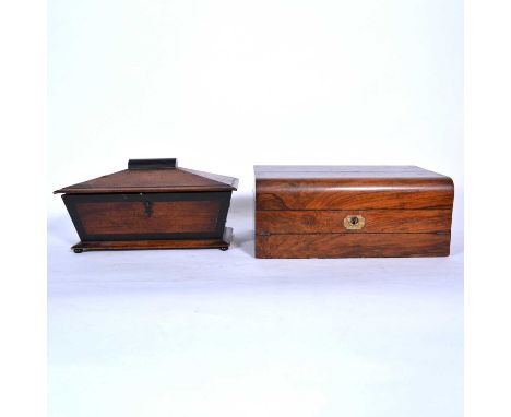 Victorian walnut writing slope, fitted interior, 41cm, and Victorian mahogany tea caddy, fitted interior, 39cm.Qty: 2