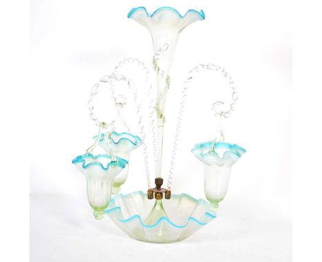 Victorian blue tinted and opaline glass epergne, central flute and three baskets hanging on scrolls, height 50cm.Condition re