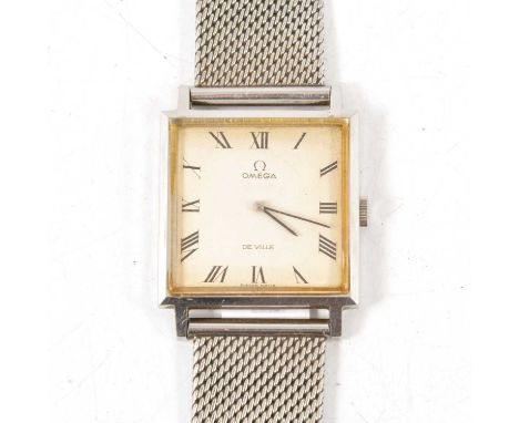 Omega - a gentleman's stainless steel De Ville manual wind wristwatch, 22mm square off-white Roman numeral dial in a 26mm squ