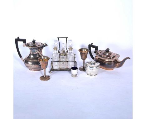 Silver caddy, cruet set and other silver-plate