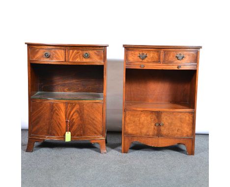 Reproduction mahogany bedside table, bowfront, drawers over an open shelf, cupboard, under, width 57cm, depth 35cm, height 77