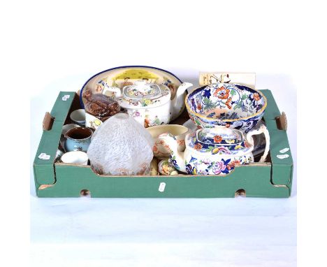 One box of mixed ceramics, including two early 19th century English porcelain cups, Victorian teapots, 1930s egg cup set, nov