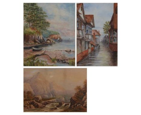 E A Scott, two watercolours, another Victorian watercolour of a highland stream, 29x42cm, and a decorative wall mirror, tall 