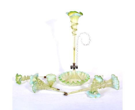 Victorian lime green and opaline glass epergne, with matched flutes, damaged base, height 55cm.