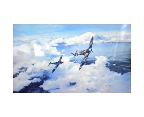 After Robert Taylor, Duel of Eagles,colour print publ by Military Gallery, signed by airmen Douglas Bader and Adolf Galland,i