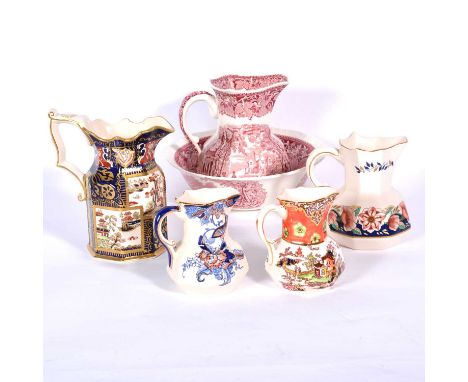 Reproduction Masons double landscape jug, three other modern Masons jugs, The Vista pattern jug and basin.Qty: 6