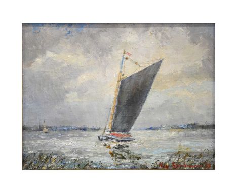 K Sandman, Albion on the Norfolk Broads,oil on board, signed and dated 78, Wroxham Galleries label verso,20 x 25cm.
