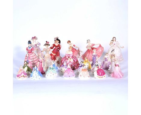 Collection of twenty six ceramic figurines, Doulton, Coalport, and Worcester, various sizes, including 'The Masquerade Begins