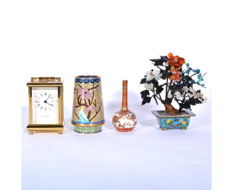 Modern brass cased carriage clock, Taylor &amp; Bligh, London; Chinese ornamental flower arrangement on a cloisonne base; clo