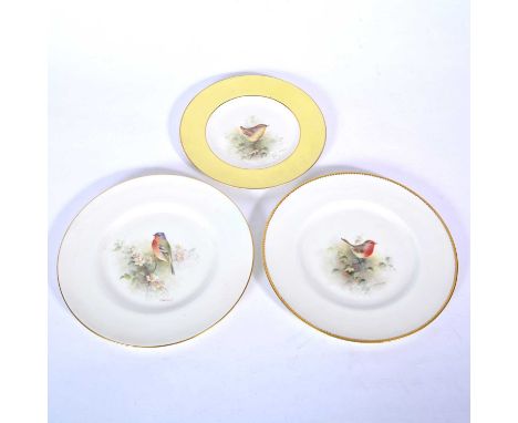 Royal Worcester plate hand-painted with a chaffinch, by E Townsend; another of a robin; and a slightly smaller plate with a w