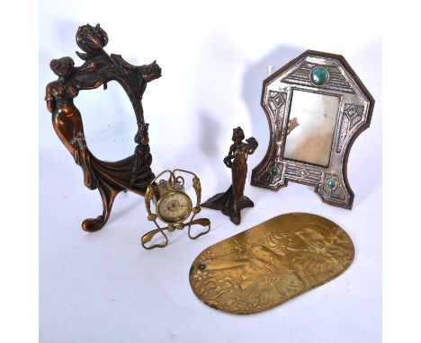 Collection of cast metal Art Nouveau figural items and a strut clock, the clock supported on an open sinuous frame, 14cm; a c
